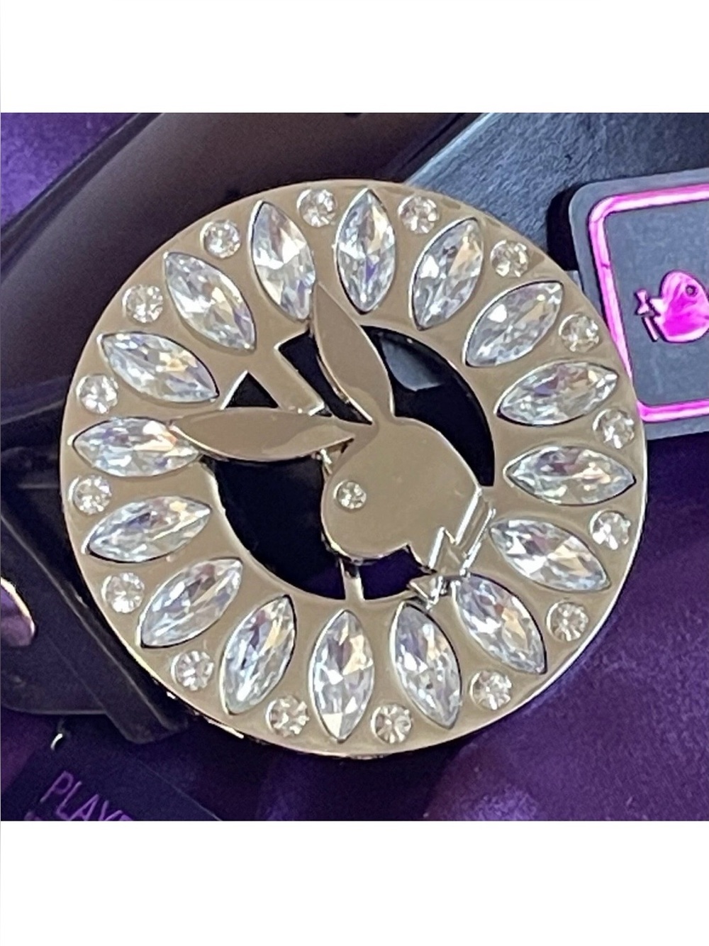 PLAYBOY Brilliant Large Marquis Gemstones Bling Spinner Chrome Belt Buckle Belt